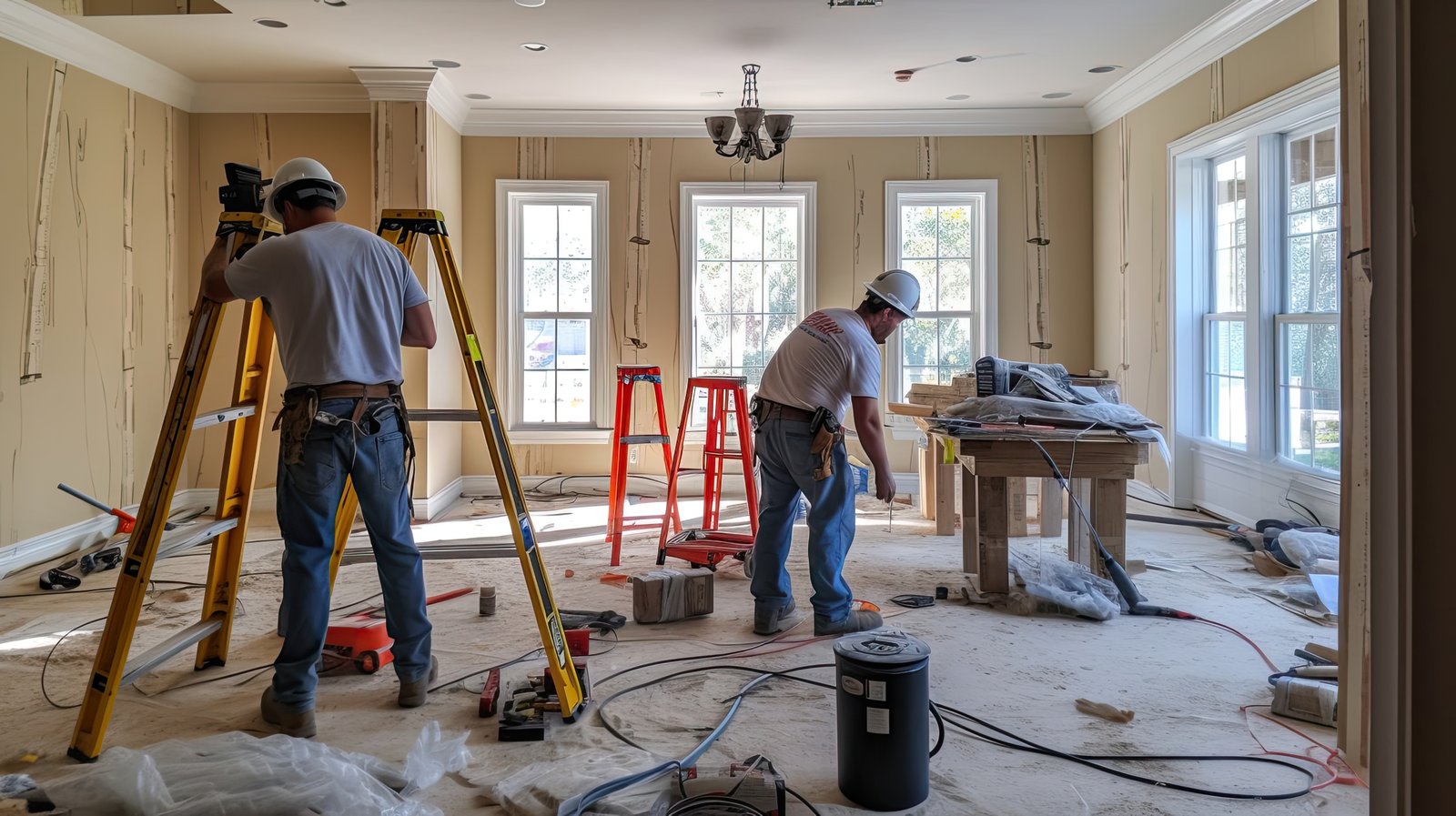 Builders confidently using a laser level to ensure precise measurements, utilizing advanced technology to guarantee accurate alignment and layout during construction. Generated by AI. builders confidently using laser level ensure precise measurements utilizing advanced technology guarantee accurate alignment layout construction generated by ai